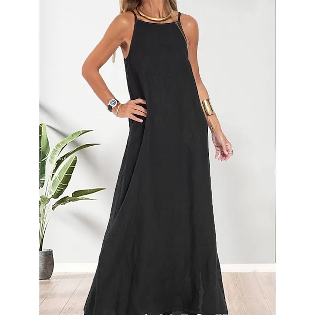 Women’s Cotton and Linen Nightdress Pure Color Loungewear Nightshirt Dress Fashion Casual Comfort Home Street Date Airport Breathable Straps Sleeveless Dress Summer Spring Black White 4b277245b9720e9a67f83635be3bacae