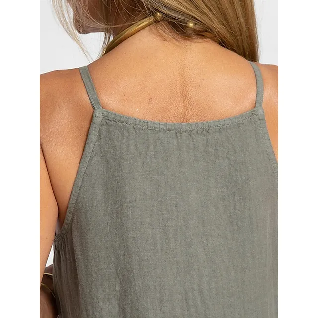 Women’s Cotton and Linen Nightdress Pure Color Loungewear Nightshirt Dress Fashion Casual Comfort Home Street Date Airport Breathable Straps Sleeveless Dress Summer Spring Black White 65b834a96949ace717adbb49fcb2a14e