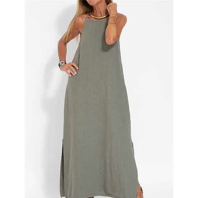 Women’s Cotton and Linen Nightdress Pure Color Loungewear Nightshirt Dress Fashion Casual Comfort Home Street Date Airport Breathable Straps Sleeveless Dress Summer Spring Black White 6985ba1dda4b7dcc94ddae4535017282