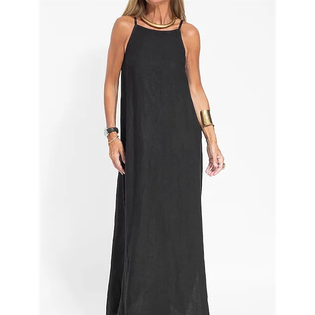 Women’s Cotton and Linen Nightdress Pure Color Loungewear Nightshirt Dress Fashion Casual Comfort Home Street Date Airport Breathable Straps Sleeveless Dress Summer Spring Black White 6fcc3a6b886f3ea6152a6a13760c0844
