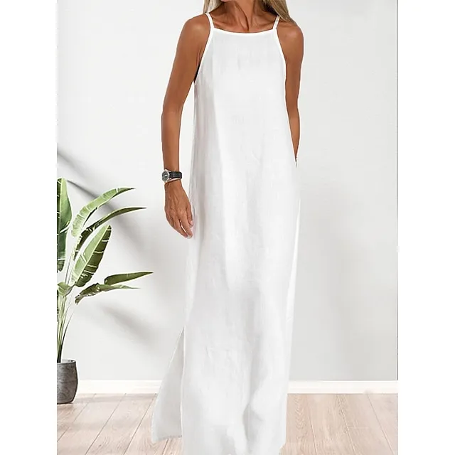 Women’s Cotton and Linen Nightdress Pure Color Loungewear Nightshirt Dress Fashion Casual Comfort Home Street Date Airport Breathable Straps Sleeveless Dress Summer Spring Black White 7010183c93e2972c57015d6cd9a3acbb