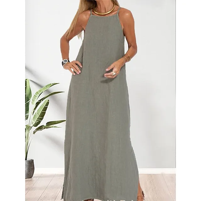Women's Cotton and Linen Nightdress Pure Color Loungewear Nightshirt Dress Fashion Casual Comfort Home Street Date Airport Breathable Straps Sleeveless Dress Summer Spring Black White 961404251f8deb29a1ef1a1db71de7f7