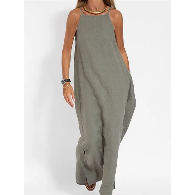 Women’s Cotton and Linen Nightdress Pure Color Loungewear Nightshirt Dress Fashion Casual Comfort Home Street Date Airport Breathable Straps Sleeveless Dress Summer Spring Black White 97fcf93044bb3e2f409742041c3684c0