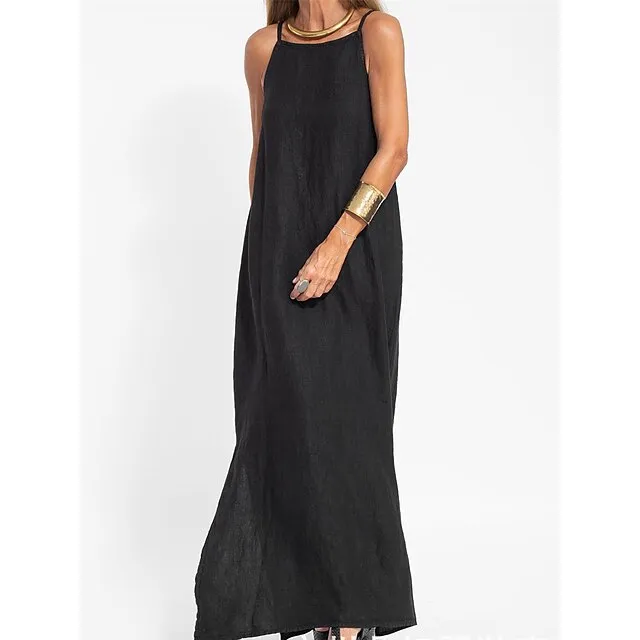 Women’s Cotton and Linen Nightdress Pure Color Loungewear Nightshirt Dress Fashion Casual Comfort Home Street Date Airport Breathable Straps Sleeveless Dress Summer Spring Black White a4679af82443ca38ddebd18e5e3c3e4a