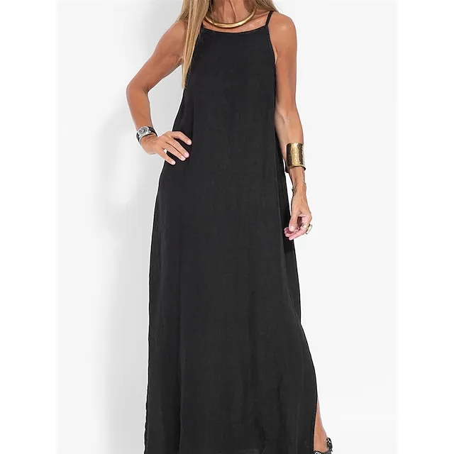 Women’s Cotton and Linen Nightdress Pure Color Loungewear Nightshirt Dress Fashion Casual Comfort Home Street Date Airport Breathable Straps Sleeveless Dress Summer Spring Black White b2a5f20c390f67ecc304a884004c1065
