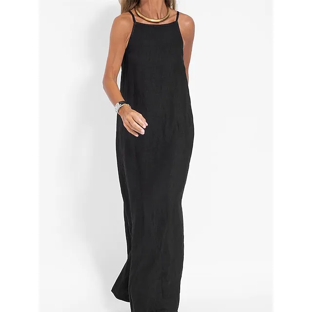 Women’s Cotton and Linen Nightdress Pure Color Loungewear Nightshirt Dress Fashion Casual Comfort Home Street Date Airport Breathable Straps Sleeveless Dress Summer Spring Black White bcdd31b5382da4d138010172e057af2d