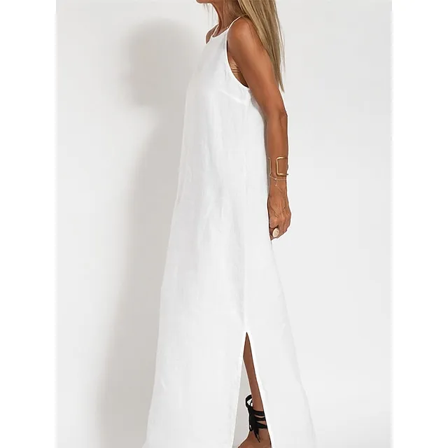 Women’s Cotton and Linen Nightdress Pure Color Loungewear Nightshirt Dress Fashion Casual Comfort Home Street Date Airport Breathable Straps Sleeveless Dress Summer Spring Black White c31c0374c2f48b313c6d6586052eabd5