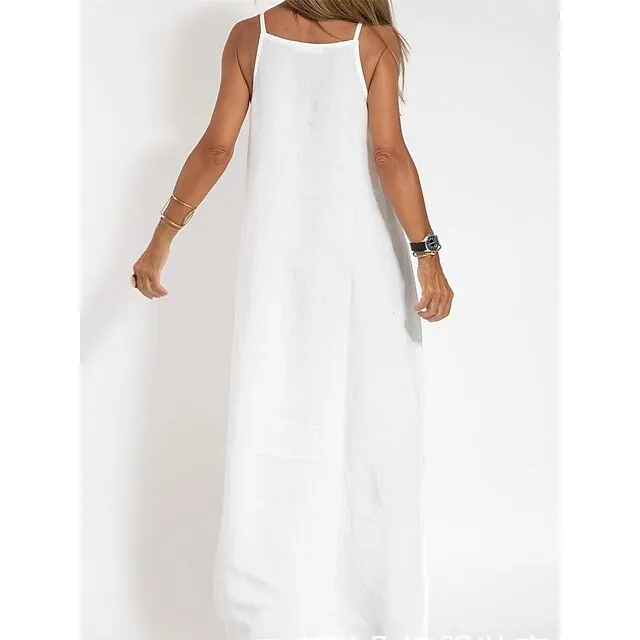 Women’s Cotton and Linen Nightdress Pure Color Loungewear Nightshirt Dress Fashion Casual Comfort Home Street Date Airport Breathable Straps Sleeveless Dress Summer Spring Black White c52f2e3927a393bd7a7c343049e26299