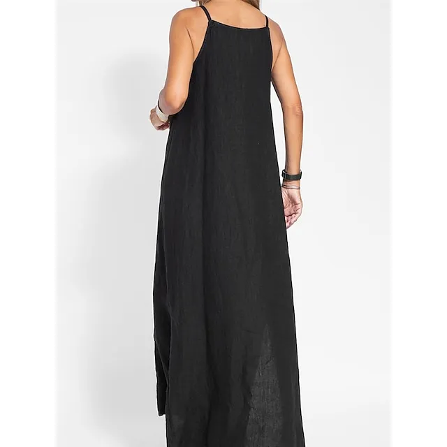 Women’s Cotton and Linen Nightdress Pure Color Loungewear Nightshirt Dress Fashion Casual Comfort Home Street Date Airport Breathable Straps Sleeveless Dress Summer Spring Black White d83434b1ebc38bf17825930ba0888913