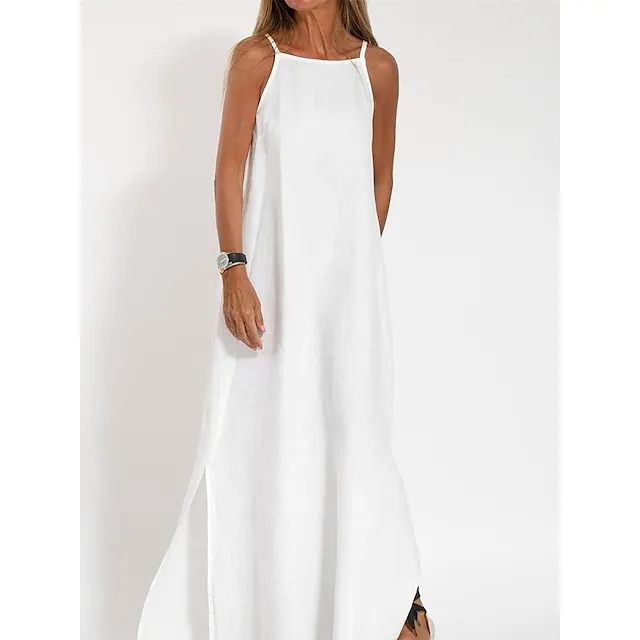 Women’s Cotton and Linen Nightdress Pure Color Loungewear Nightshirt Dress Fashion Casual Comfort Home Street Date Airport Breathable Straps Sleeveless Dress Summer Spring Black White db7da5d95171deffc5f78e09dbc91470