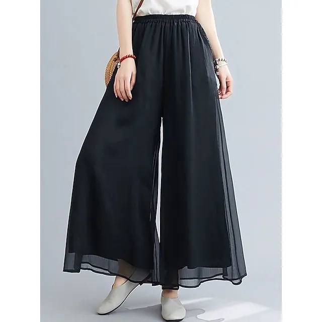 Women’s Wide Leg Chinos Pants Trousers Plain Wide Leg Baggy Full Length Micro-elastic Mid Waist Stylish Casual Valentine’s Day Daily Black White M L Summer Spring 96f157513165327e9eb21ad14213ecdd