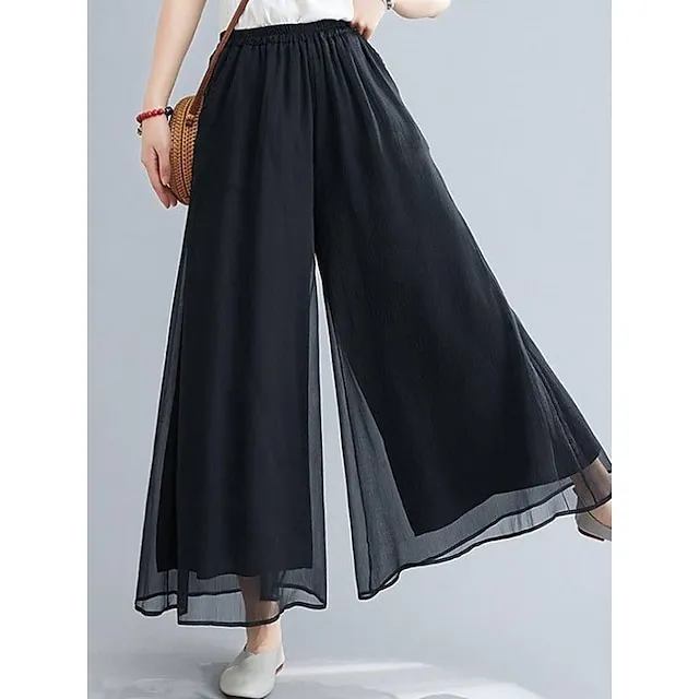 Women's Wide Leg Chinos Pants Trousers Plain Wide Leg Baggy Full Length Micro-elastic Mid Waist Stylish Casual Valentine's Day Daily Black White M L Summer Spring e80cd991e90f64d551c57e1260d5ba61