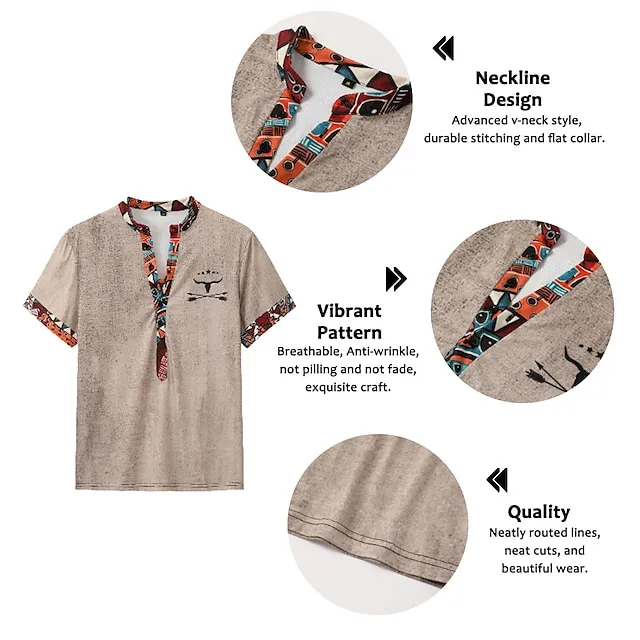 Men’s Henley Shirt Graphic Tribal Stand Collar Clothing Apparel 3D Print Outdoor Daily Short Sleeve Button Print Fashion Designer Basic 7dca885242529a5fe89c18b7eb1c4769