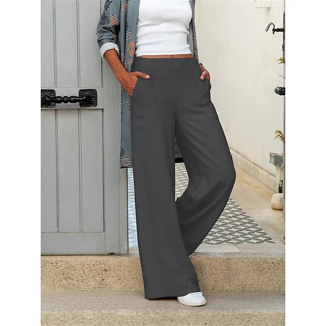 Women’s Wide Leg Pants Trousers Baggy Plain Pocket Baggy Full Length Micro-elastic Mid Waist Fashion Streetwear Street Daily Apricot Black S M Summer Spring 15896e202045b936f838a2c0cc2ca4f2