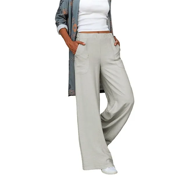 Women’s Wide Leg Pants Trousers Baggy Plain Pocket Baggy Full Length Micro-elastic Mid Waist Fashion Streetwear Street Daily Apricot Black S M Summer Spring 5145f42af430bea67700f00e26b6e0a7