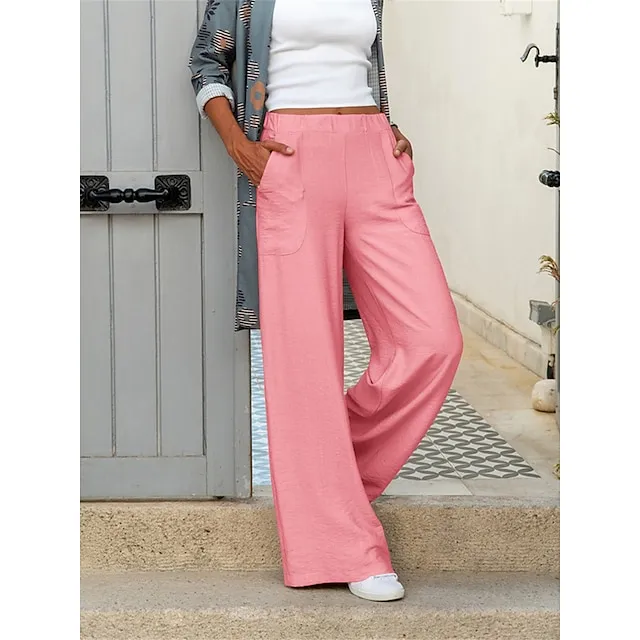 Women’s Wide Leg Pants Trousers Baggy Plain Pocket Baggy Full Length Micro-elastic Mid Waist Fashion Streetwear Street Daily Apricot Black S M Summer Spring 58b386c8b8278bc90baa473e42cb572b