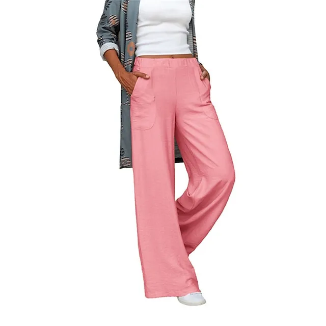 Women’s Wide Leg Pants Trousers Baggy Plain Pocket Baggy Full Length Micro-elastic Mid Waist Fashion Streetwear Street Daily Apricot Black S M Summer Spring 58fd06cf5e9be3c2c27cf2c0b9146186