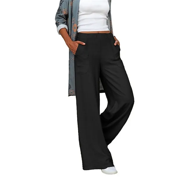 Women’s Wide Leg Pants Trousers Baggy Plain Pocket Baggy Full Length Micro-elastic Mid Waist Fashion Streetwear Street Daily Apricot Black S M Summer Spring 6abaa6f2ab41bc8ddbbec02631d3e532