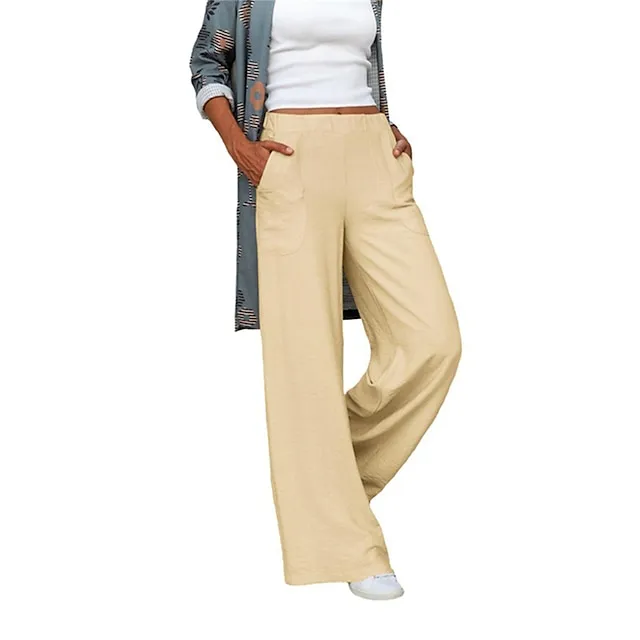 Women’s Wide Leg Pants Trousers Baggy Plain Pocket Baggy Full Length Micro-elastic Mid Waist Fashion Streetwear Street Daily Apricot Black S M Summer Spring bc6e32a201335b642deec73fa2f69805