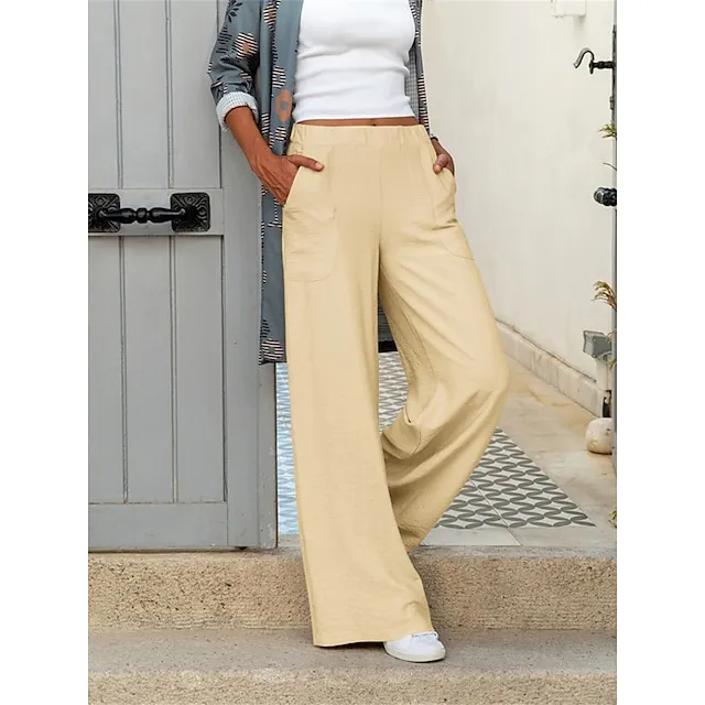Women’s Wide Leg Pants Trousers Baggy Plain Pocket Baggy Full Length Micro-elastic Mid Waist Fashion Streetwear Street Daily Apricot Black S M Summer Spring bcd10f44146a93b9d6f2c26b1ee01509