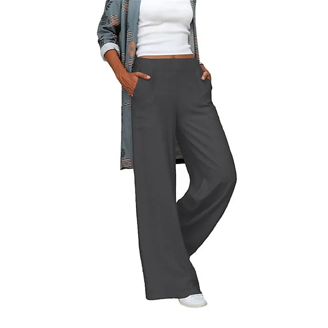 Women’s Wide Leg Pants Trousers Baggy Plain Pocket Baggy Full Length Micro-elastic Mid Waist Fashion Streetwear Street Daily Apricot Black S M Summer Spring bdcde82f645364bedeac2ea8ffc1f612