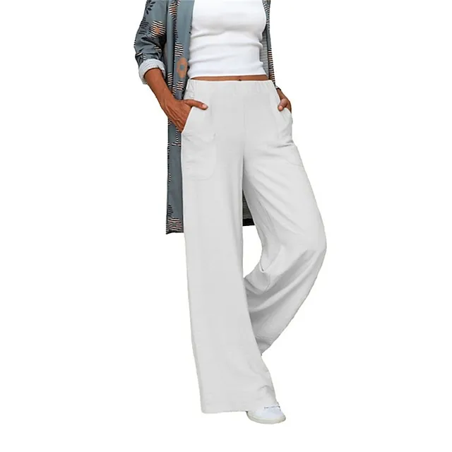 Women’s Wide Leg Pants Trousers Baggy Plain Pocket Baggy Full Length Micro-elastic Mid Waist Fashion Streetwear Street Daily Apricot Black S M Summer Spring c1680681a63f13602f95b145eb5de1b4