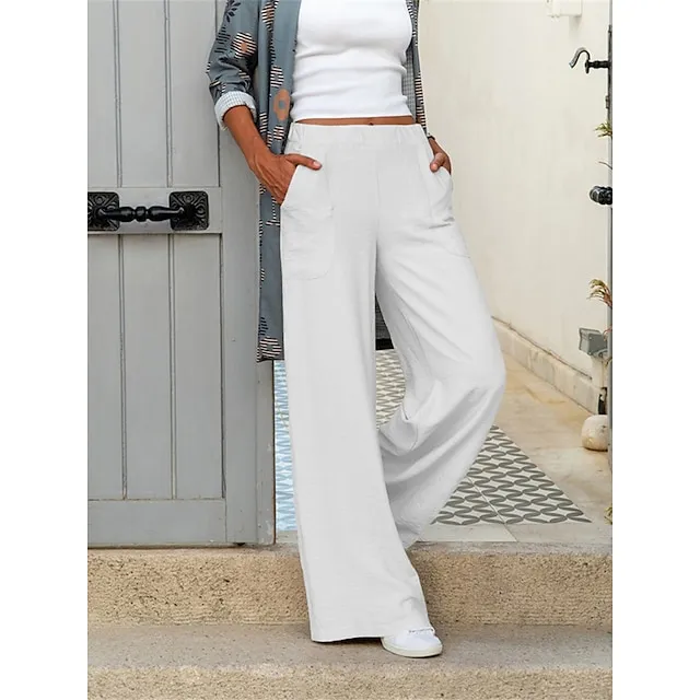 Women's Wide Leg Pants Trousers Baggy Plain Pocket Baggy Full Length Micro-elastic Mid Waist Fashion Streetwear Street Daily Apricot Black S M Summer Spring f4870d00d69d040dbcd5d8904536793f
