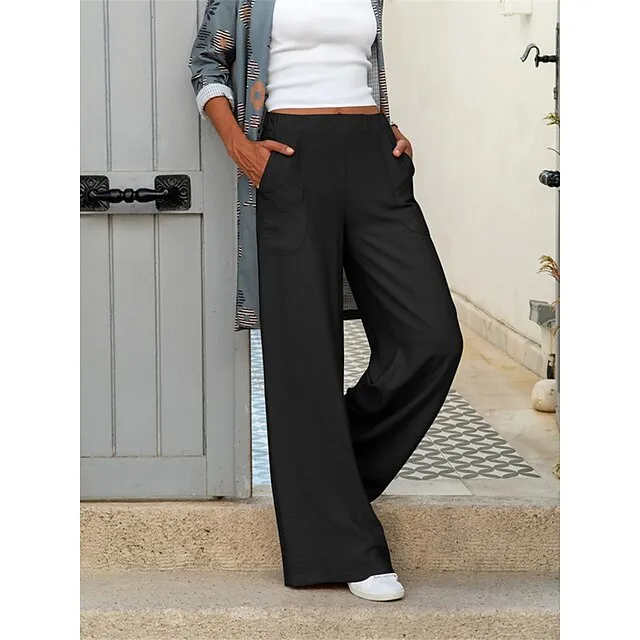 Women’s Wide Leg Pants Trousers Baggy Plain Pocket Baggy Full Length Micro-elastic Mid Waist Fashion Streetwear Street Daily Apricot Black S M Summer Spring fcce40eafaf0c1b2275809498230f7b7