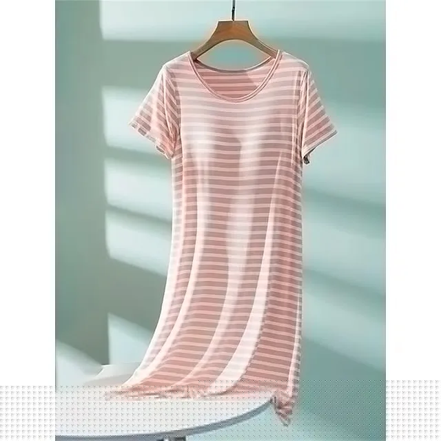 Women’s Pajamas Nightgown Nightshirt Dress Stripe Casual Comfort Soft Home Daily Bed Polyester Breathable Crew Neck Short Sleeve Summer Spring Black Pink 0c520726e5585b452902189e1a1303b5