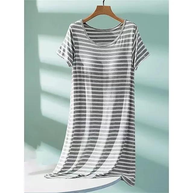 Women’s Pajamas Nightgown Nightshirt Dress Stripe Casual Comfort Soft Home Daily Bed Polyester Breathable Crew Neck Short Sleeve Summer Spring Black Pink 170ce23fe3758020d6514662789422f6