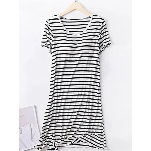 Women's Pajamas Nightgown Nightshirt Dress Stripe Casual Comfort Soft Home Daily Bed Polyester Breathable Crew Neck Short Sleeve Summer Spring Black Pink 42e5cdf7ce6e62751f1ff22aedc5a1f3