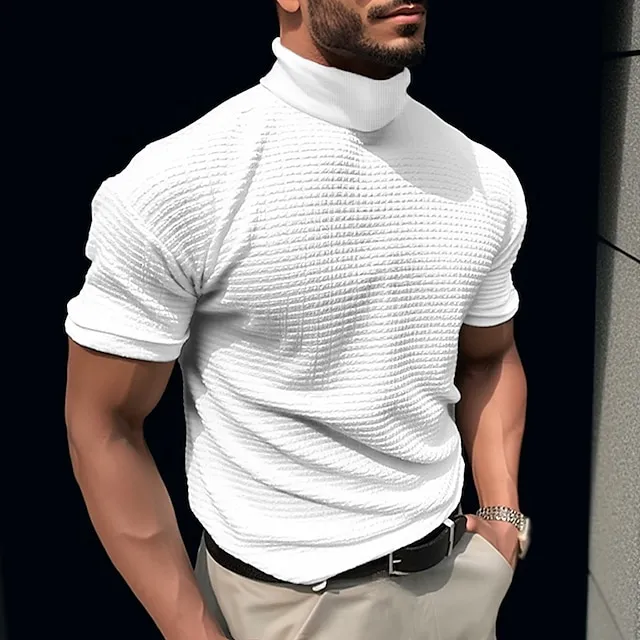 Men’s T shirt Tee Waffle Shirt Tee Top Plain Turtleneck Street Vacation Short Sleeves Clothing Apparel Fashion Designer Basic 688b29efcb33967543dfc360088f014f