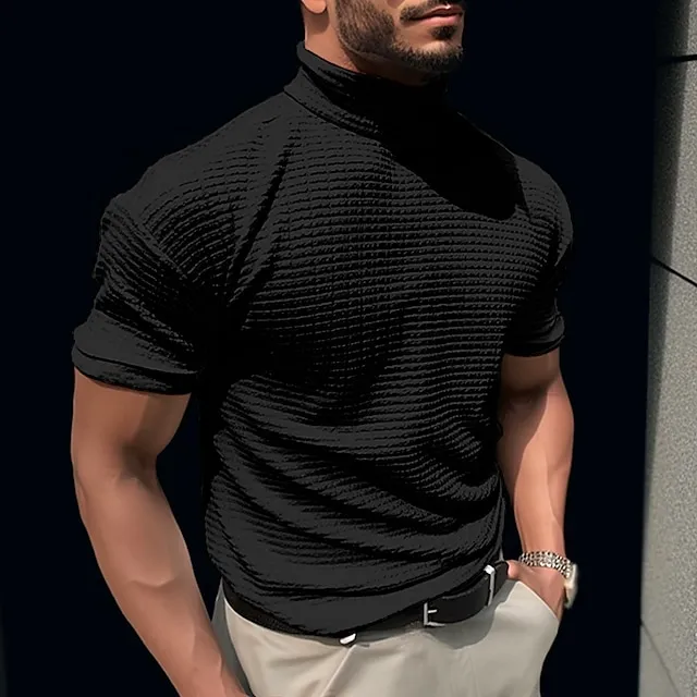 Men’s T shirt Tee Waffle Shirt Tee Top Plain Turtleneck Street Vacation Short Sleeves Clothing Apparel Fashion Designer Basic 7a8c1dc90b0f8bd2a29e7c7400dccbd0