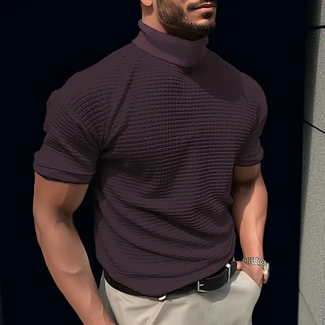 Men's T shirt Tee Waffle Shirt Tee Top Plain Turtleneck Street Vacation Short Sleeves Clothing Apparel Fashion Designer Basic c31875a3bab6d758665613a012bf2a1c