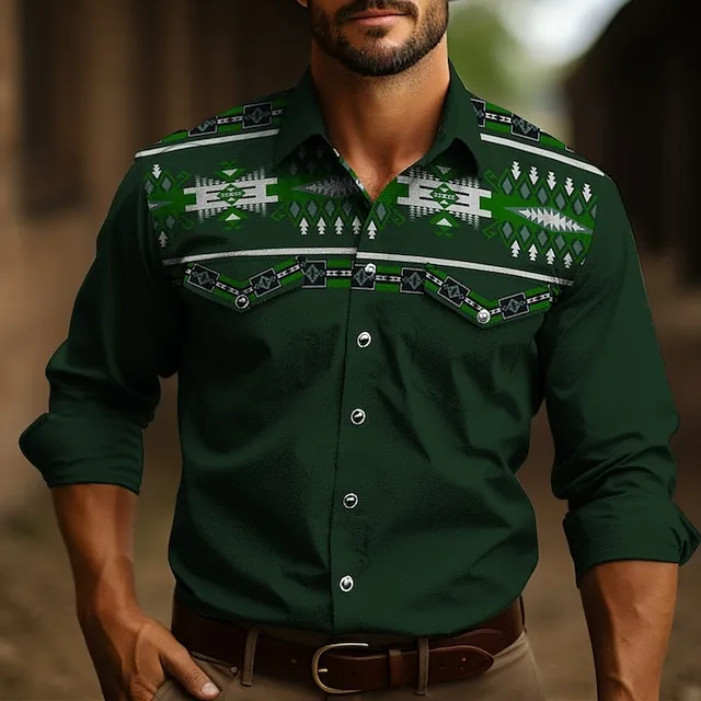 Men’s Shirt Western Shirt Tribal Graphic Prints Vintage Geometry Turndown Black Navy Blue Dark Green Outdoor Street Long Sleeve Print Clothing Apparel Fashion Designer Casual western style 0b0266bdda817ab5d3924c7b9ead25fd