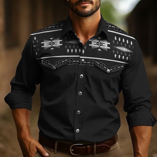 Men’s Shirt Western Shirt Tribal Graphic Prints Vintage Geometry Turndown Black Navy Blue Dark Green Outdoor Street Long Sleeve Print Clothing Apparel Fashion Designer Casual western style 535d0fc786f365dd753a56d8533abe8f