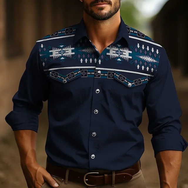 Men's Shirt Western Shirt Tribal Graphic Prints Vintage Geometry Turndown Black Navy Blue Dark Green Outdoor Street Long Sleeve Print Clothing Apparel Fashion Designer Casual western style 898e816ef88eb79203fb274364f3fddf