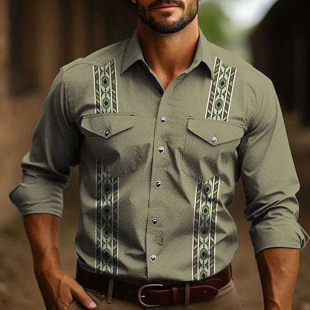 Mens Graphic Shirt Western Tribal Prints Vintage Geometry Turndown Light Green Dusty Rose Blue Outdoor Street Long Sleeve Clothing 7a46e4bf1cc201fd3c81f67e86cc36cd