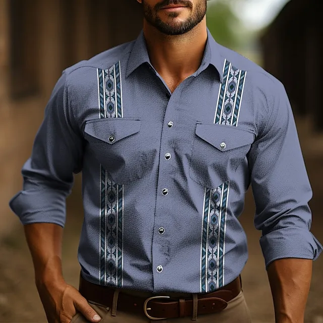 Mens Graphic Shirt Western Tribal Prints Vintage Geometry Turndown Light Green Dusty Rose Blue Outdoor Street Long Sleeve Clothing 99087c2190fbfa88faa9dfc5958a10cf