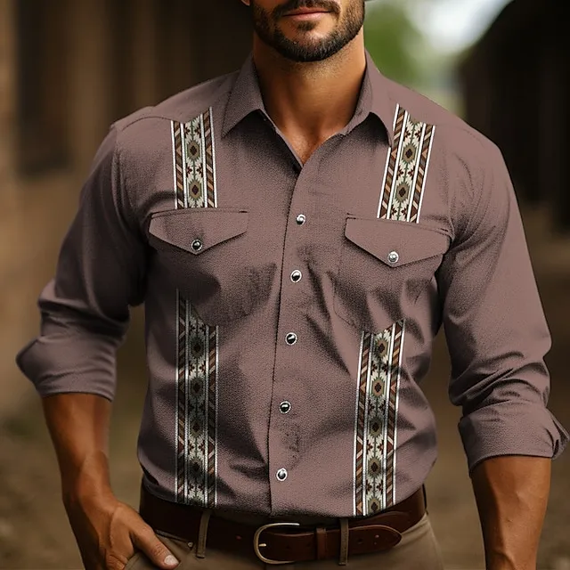 Mens Graphic Shirt Western Tribal Prints Vintage Geometry Turndown Light Green Dusty Rose Blue Outdoor Street Long Sleeve Clothing be43f1001867f2777c224604d5a69aee