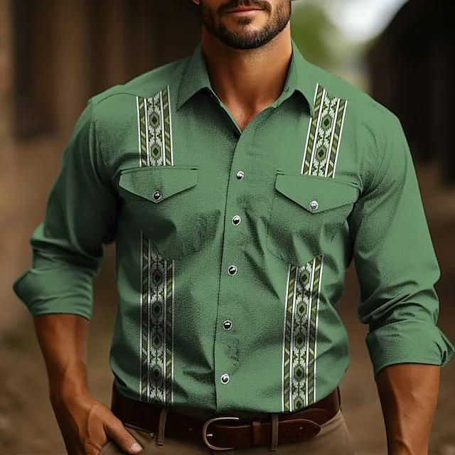 Mens Graphic Shirt Western Tribal Prints Vintage Geometry Turndown Light Green Dusty Rose Blue Outdoor Street Long Sleeve Clothing ca0597a92189404c0e1bf17728b12db9