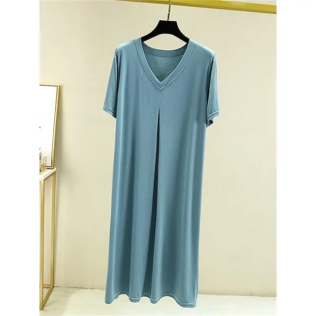 Women’s Pajamas Nightgown Nightshirt Dress Pure Color Simple Casual Soft Home Daily Bed Modal Breathable V Wire Short Sleeve Summer Fall Lake blue Black 1bb329f72be97250c421867d134287e3