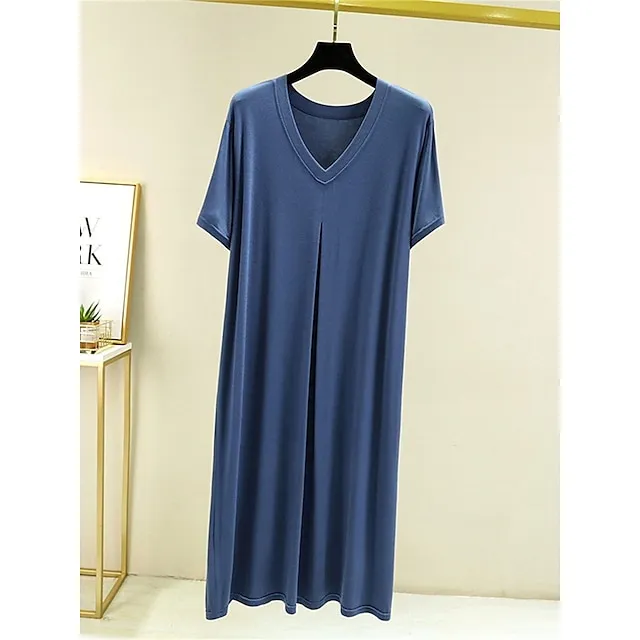 Women’s Pajamas Nightgown Nightshirt Dress Pure Color Simple Casual Soft Home Daily Bed Modal Breathable V Wire Short Sleeve Summer Fall Lake blue Black 4643b71790f6c001f3644b87afa869fd