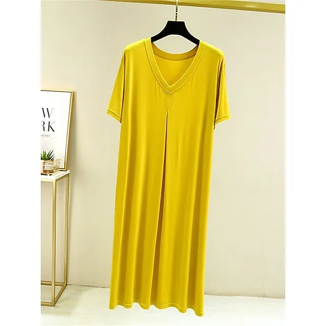 Women’s Pajamas Nightgown Nightshirt Dress Pure Color Simple Casual Soft Home Daily Bed Modal Breathable V Wire Short Sleeve Summer Fall Lake blue Black 4b3ed2763402caae3c15c5c9b2c8a019
