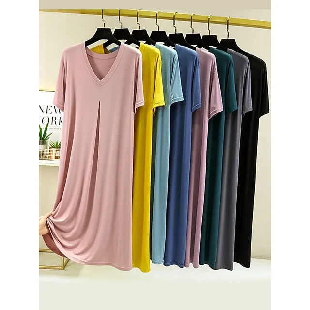 Women's Pajamas Nightgown Nightshirt Dress Pure Color Simple Casual Soft Home Daily Bed Modal Breathable V Wire Short Sleeve Summer Fall Lake blue Black 51e4137438b4f79fd9108ad2d80c38e3