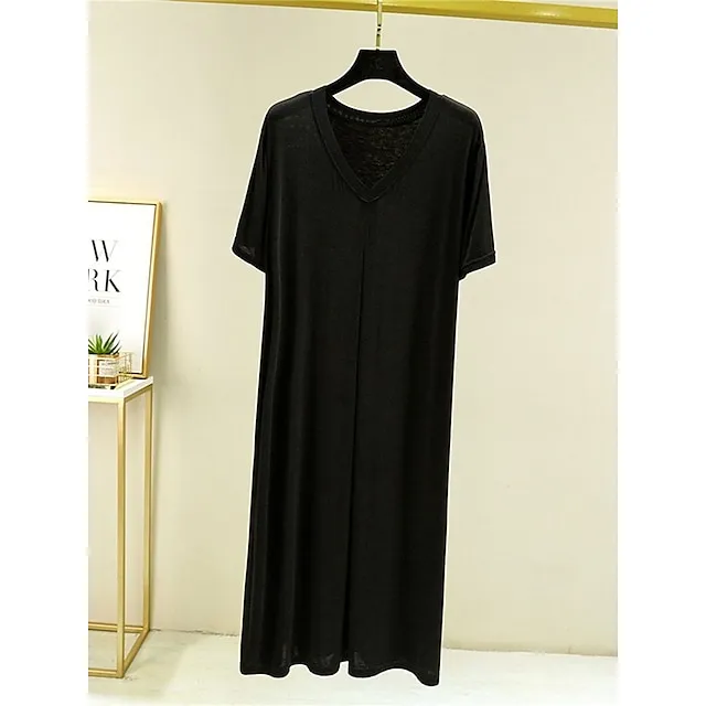 Women’s Pajamas Nightgown Nightshirt Dress Pure Color Simple Casual Soft Home Daily Bed Modal Breathable V Wire Short Sleeve Summer Fall Lake blue Black 7f71137b9de398f6332d89f911065422