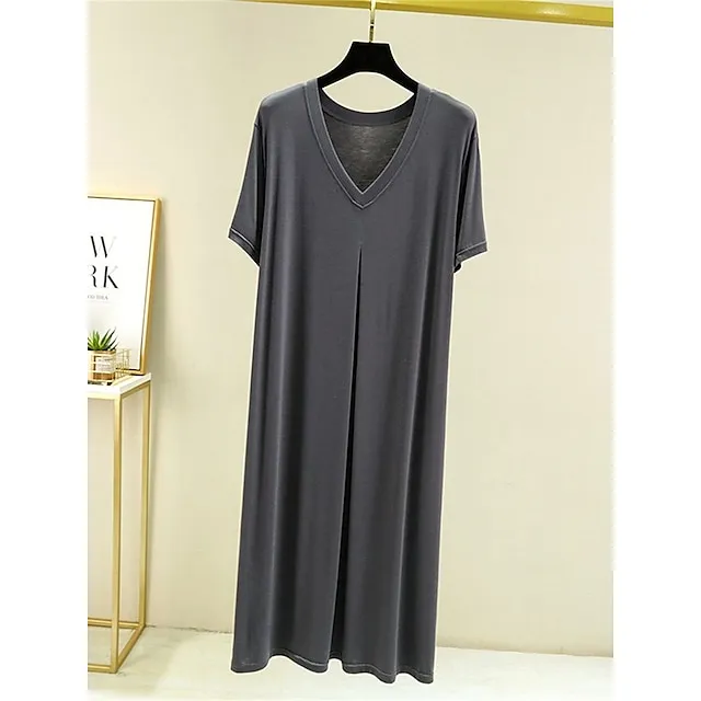 Women’s Pajamas Nightgown Nightshirt Dress Pure Color Simple Casual Soft Home Daily Bed Modal Breathable V Wire Short Sleeve Summer Fall Lake blue Black b051faa8320ccfbdd5b93414d11397d6