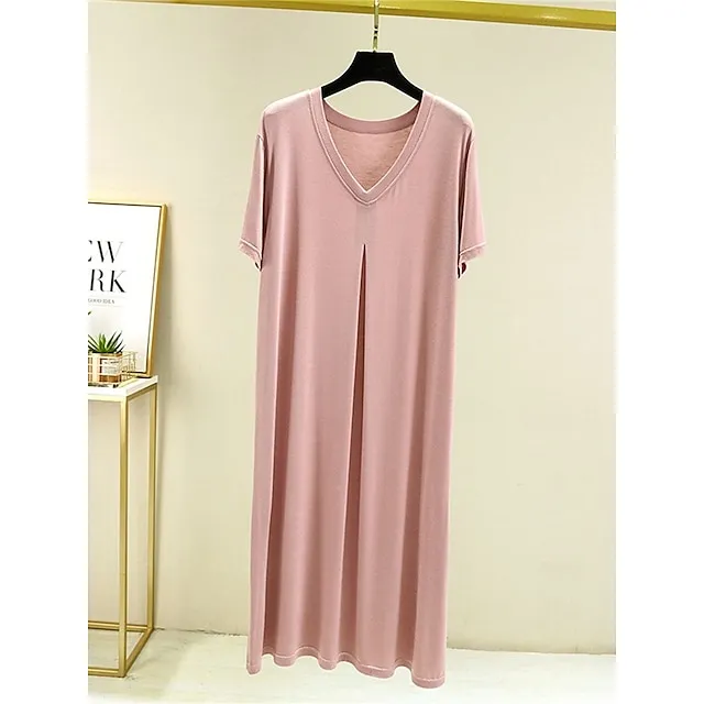 Women’s Pajamas Nightgown Nightshirt Dress Pure Color Simple Casual Soft Home Daily Bed Modal Breathable V Wire Short Sleeve Summer Fall Lake blue Black c5e8e290f1172c25978182e14fb8b9f8