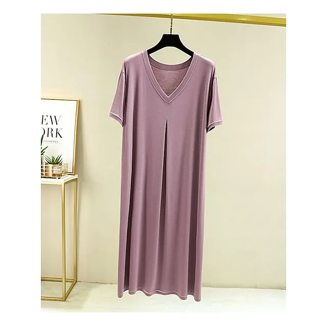 Women’s Pajamas Nightgown Nightshirt Dress Pure Color Simple Casual Soft Home Daily Bed Modal Breathable V Wire Short Sleeve Summer Fall Lake blue Black cde1cf88a7ea1c2eeba7a29622301c3c
