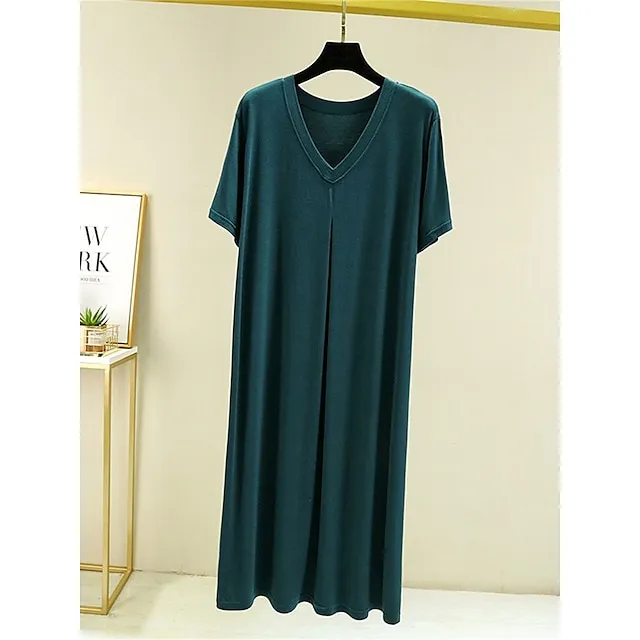 Women’s Pajamas Nightgown Nightshirt Dress Pure Color Simple Casual Soft Home Daily Bed Modal Breathable V Wire Short Sleeve Summer Fall Lake blue Black dd5fb2f6943518308f9162de8275a2c0